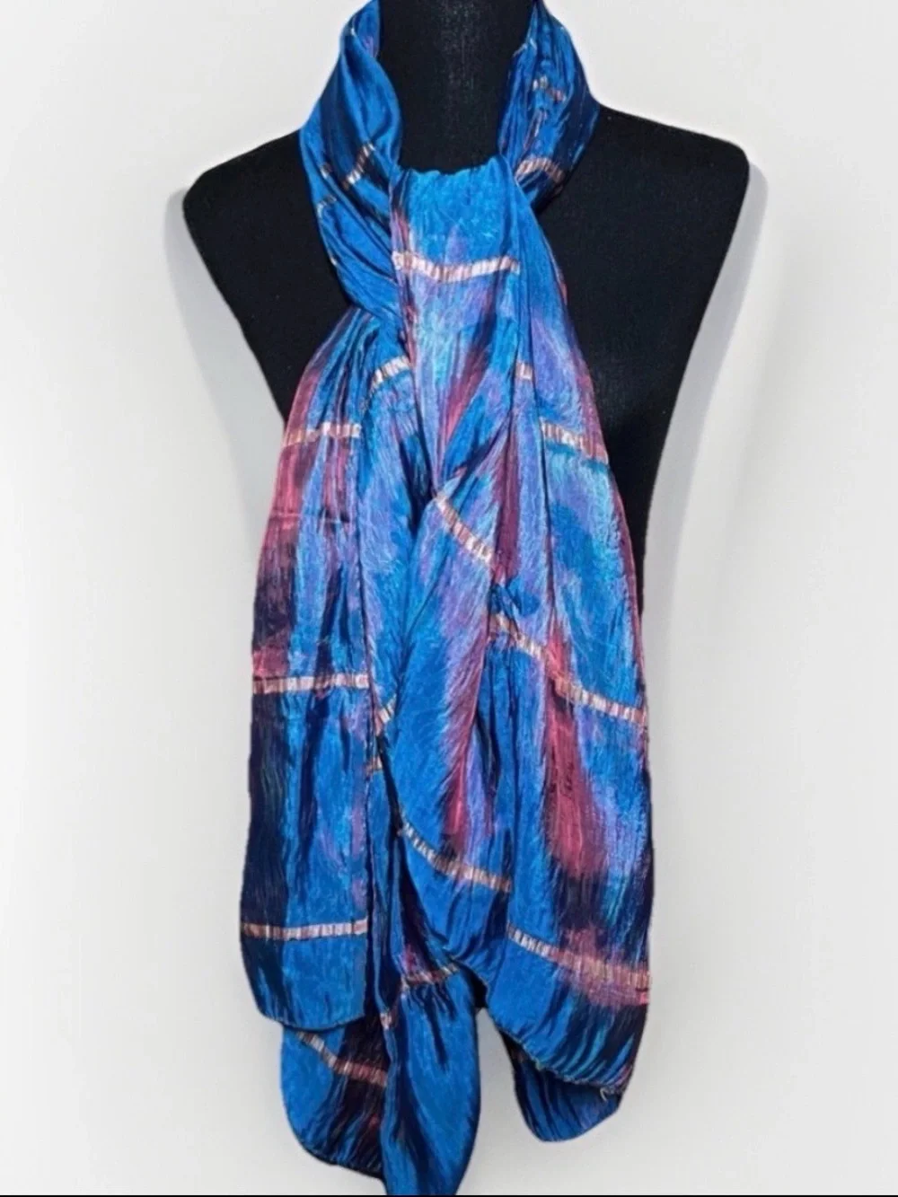 Lustrous Silk Iridescent Blue Pink 70” Rectangular Scarf Rosebud Detail **Flaws
